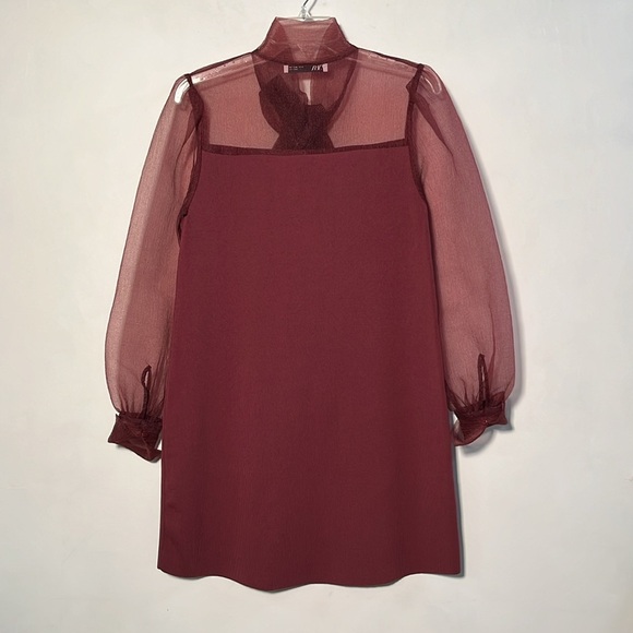 ZARA Bordeaux Organza High Bow Guest Party Blogger Favorite Knit Mini Dress SZ M - Picture 4 of 16